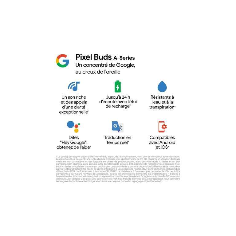 Smartphone 6.32" Google Pixel 7 - 5G, OLED FHD+ 90Hz, 8 Go RAM, 128 Go (Noir) + écouteurs sans-fil Google Pixel Buds A (Blanc)