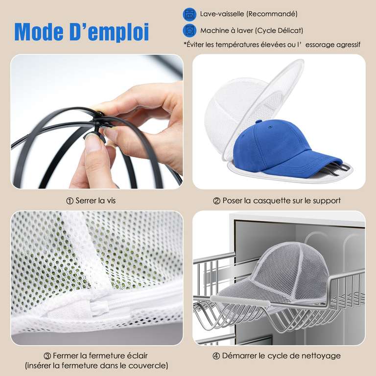 Support Lave-casquette Machine - Lot De 2, Cadre Anti-déformation, Filet Et Coque Rigide, Blanc
