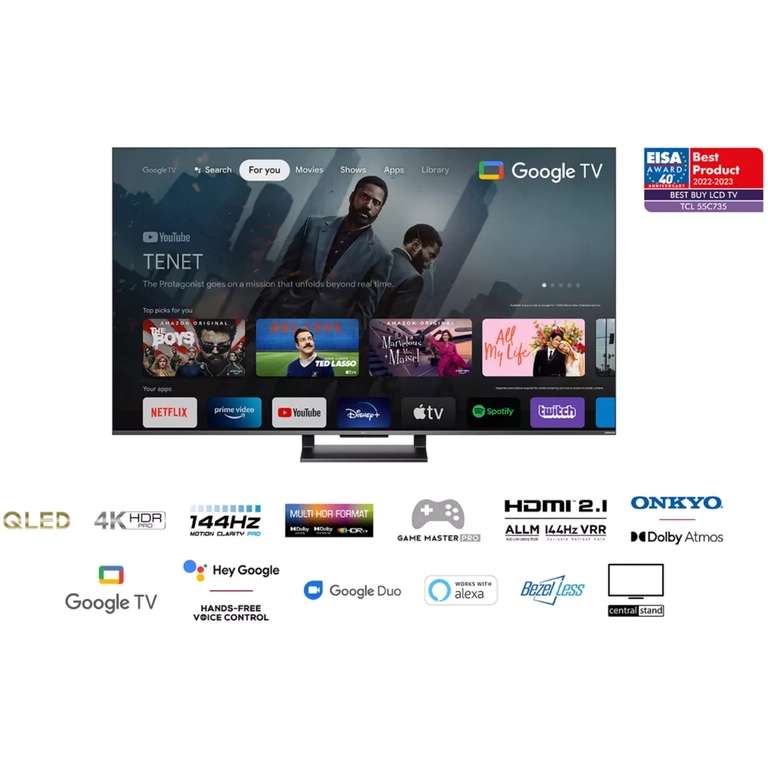 TV 55" TCL 55C735 2022 - QLED, 4K, 144 Hz Google TV, Son Onkyo Dolby Atmos, Dolby Vision, ALLM et Freesync, Hdmi 2.1 VRR (via ODR 100€)