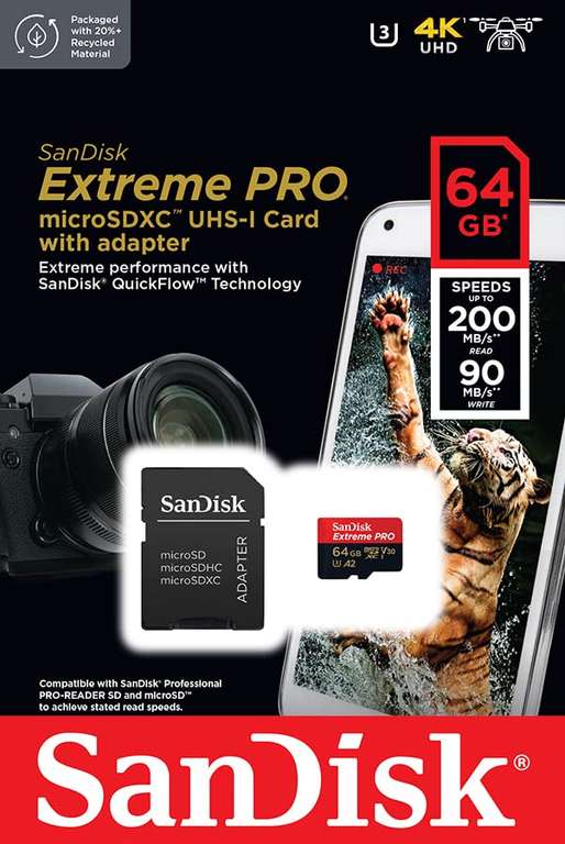 Carte microSDXC Sandisk Extreme Pro - 64 Go + Adaptateur SD