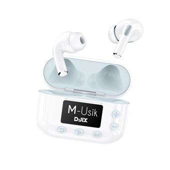 Appareil 2 en 1 Ecouteurs sans fil + Baladeur MP3 Djix M-Usik Bluetooth True Wireless - Blanc et bleu