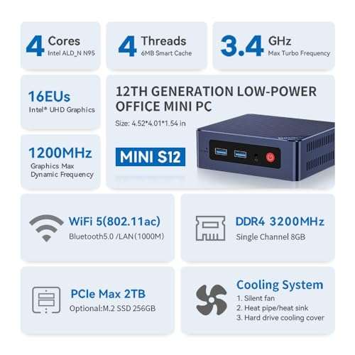 Mini PC Mini Beelink S12 N95 (Turbo 3.4G), DDR4 8 Go/256 Go M.2 PCIe 2280, 2 écran, WiFi 5, LAN 1000 Mbps (via coupon - vendeur tiers)