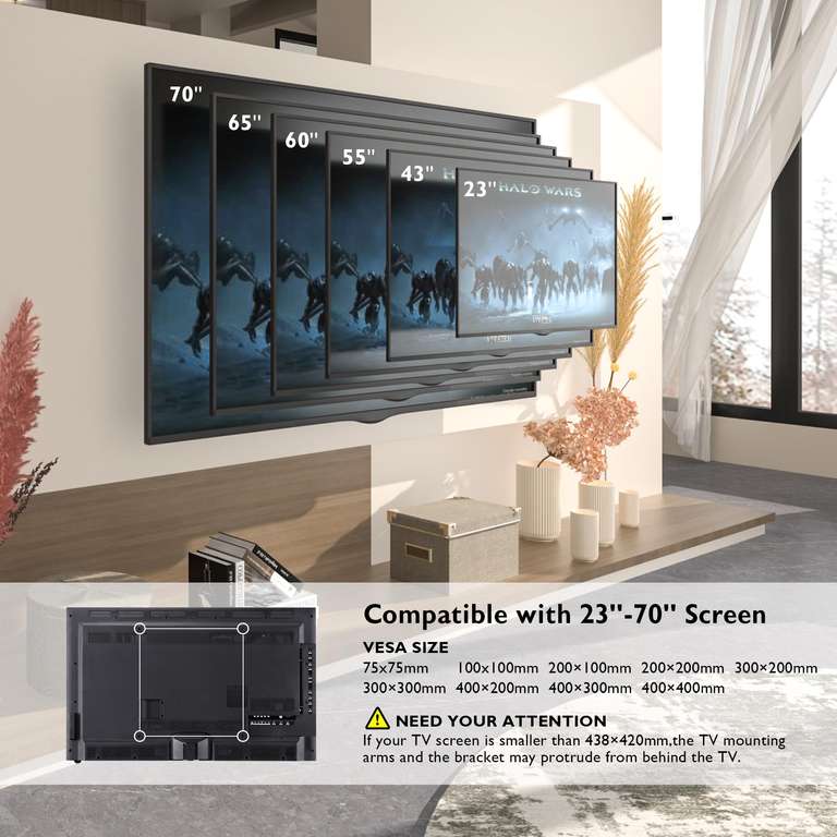 Support Mural TV Orientable et Inclinable pour TV 23-70 Pouces BONTEC , avec Double Bras Capable à Tenir 45 kg (vendeur tiers)