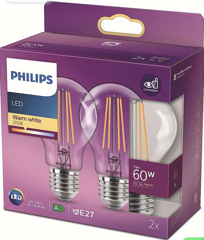 2 Ampoules LED Standard Philips - E27, 60W, Blanc Chaud Claire