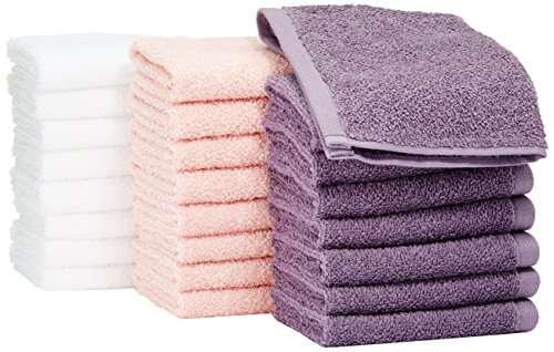 Lot de 24 petites serviettes en coton Amazon Basics - 30 x 30 cm Lavande, Rose poudré, Blanc