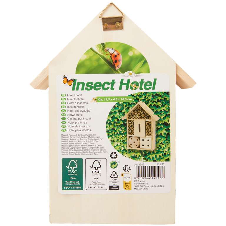 Hôtel à insectes en bois certifié FSC - 13.5 x 5 x 18.5 cm (différents modèles au choix)