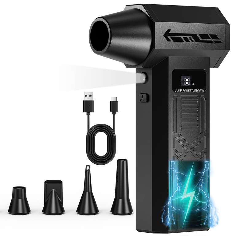 Souffleur Air Comprimé Sans Fil – 120 000 Tr/min, 4 Vitesses – Avec Lumière LED Et 5 Buses – Pour Nettoyer PC, Clavier, Voiture, Meubles