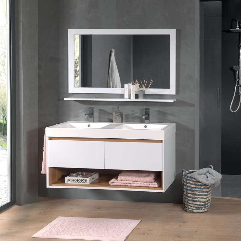 Salle de bains Elmore - Ensemble double vasque tablette et miroir (En Magasin Uniquement - cocktail-scandinave.fr)
