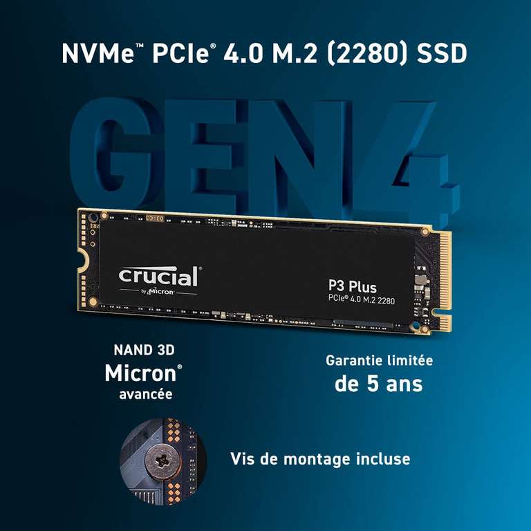 SSD interne NVMe M.2 PCIe Gen4 Crucial P3 Plus CT2000P3PSSD801 - 2To, Jusqu’à 5000Mo/s (+12.90€ en RP)