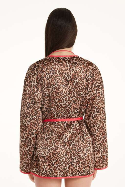 Robe de chambre Courte à Manches Longues avec Ceinture en Tissu Strawberry Leopard - Tailles S, M