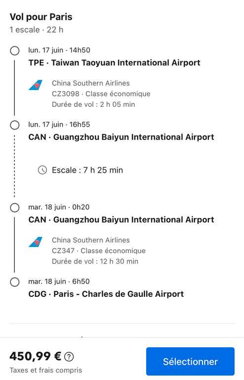 Vol Aller-retour avec escale Paris (CDG) <-> Taipei (Taïwan) - Du 30 Mai au 17 Juin (Bagage en soute de 23 kg)