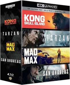Coffret 4K Ultra HD + Blu-Ray + Digital Copy, compren 4 Films: Kong Skull Island + Tarzan + Mad Max Fury Road + San Andreas