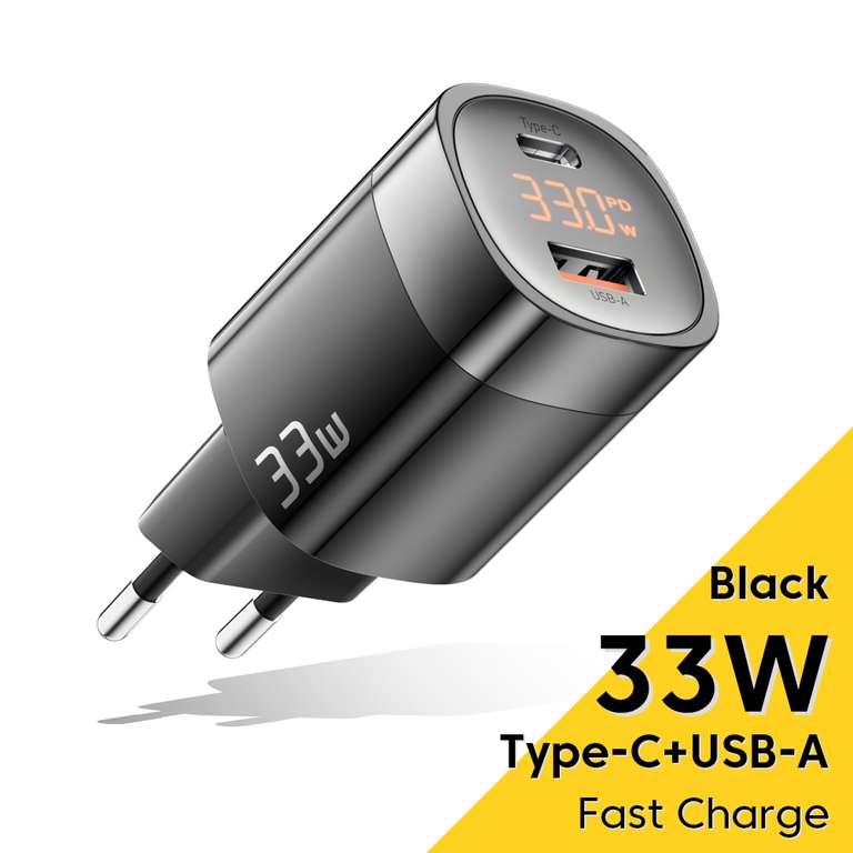 Chargeur secteur ESSAGER - GaN, 33W, charge rapide, USB Type-C et USB-A