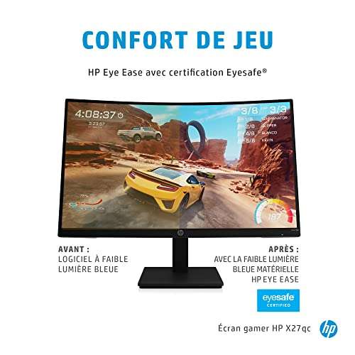 Écran PC 27" Incurvé HP X27qc - QHD, Dalle VA, 165 Hz, 1 ms, 1500R, Freesync Premium