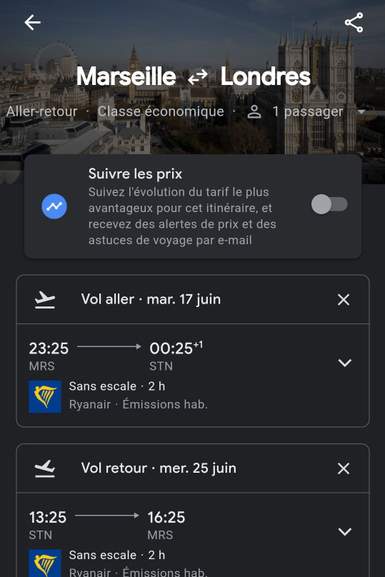 Vol Aller/Retour Marseille Londres Du 17 Juin au 25 Juin