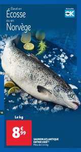 Saumon atlantique entier - pièce de 1 à 4 kg, origine Écosse ou Norvège, le kg