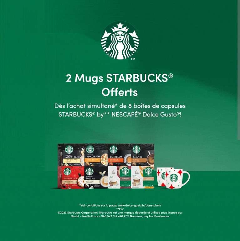 8 boîtes de capsules Starbucks Nescafé Dolce Gusto + 2 Mugs Starbucks  offerts –