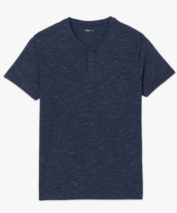 Tee-shirt homme col tunisien - 100% coton biologique bleu, Tailles S à XXXL