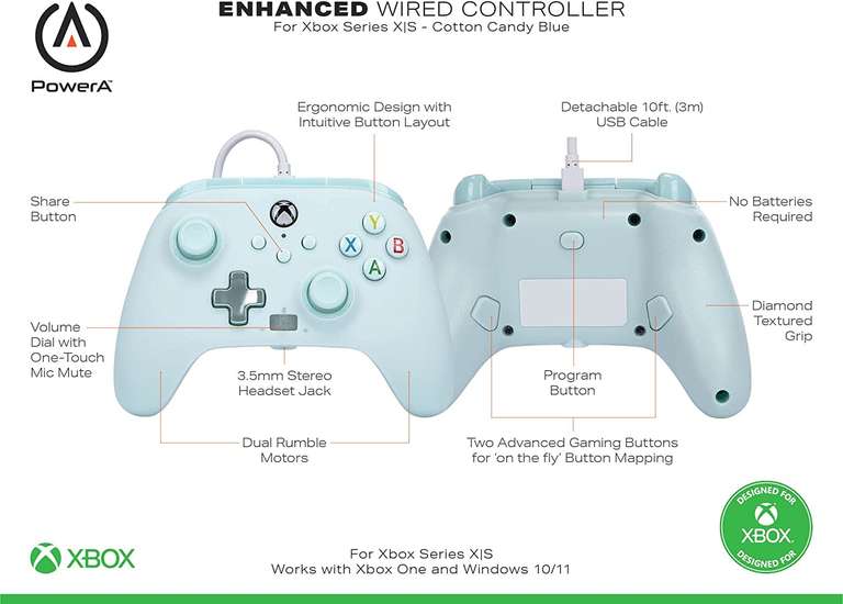 Manette filaire améliorée PowerA pour Xbox Series X|S - Divers coloris