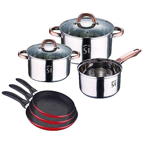 Batterie de cuisine : casseroles avec couvercle(2,5 L) (3,38 L), Onil, induction + set 3 poêles Navy Red & Marble 16 + 20 + 24 cm, induction