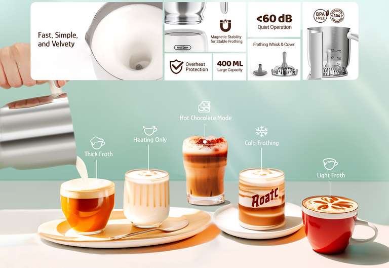 Mousseur à lait électrique 5-en-1, Inox 304, écran tactile LED, chaud/froid, capacité de 0,4 L (hazelquinn.com)