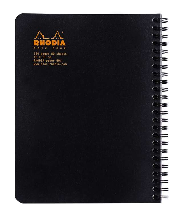 Cahier à Spirale (Reliure Intégrale) Rhodia A5+ - Petits Carreaux, 160 pages, Papier 80 g/m, coloris aléatoire noir ou orange