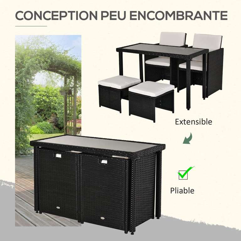 Ensemble Salon de Jardin encastrable Outsunny résine Noir - 2 fauteuils + 2 tabourets + Table plateau verre (via coupon - vendeur tiers)