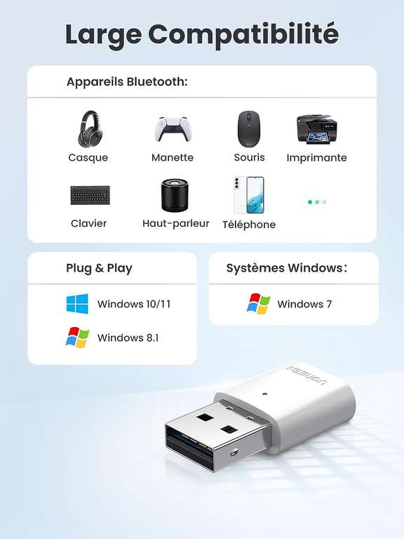 Dongle Ugreen Bluetooth 5.0 pour PC - Compatible manettes PS4 / PS5 / Xbox One / Xbox Series X|S (Vendeur Tiers, via coupon)