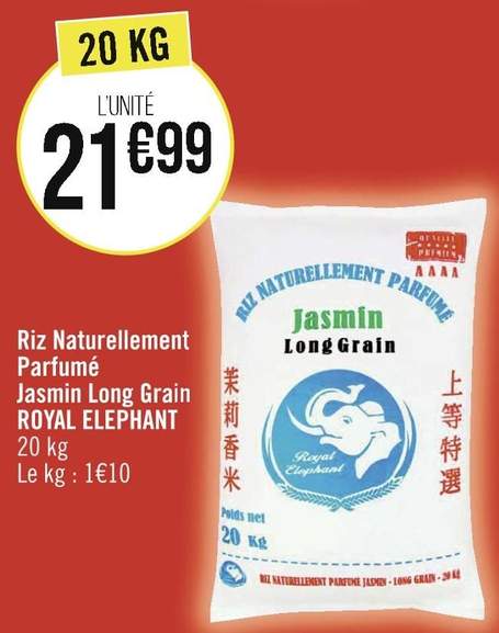 Sac de Riz Naturellement Parfumé Jasmin Long Grain - 20 Kg