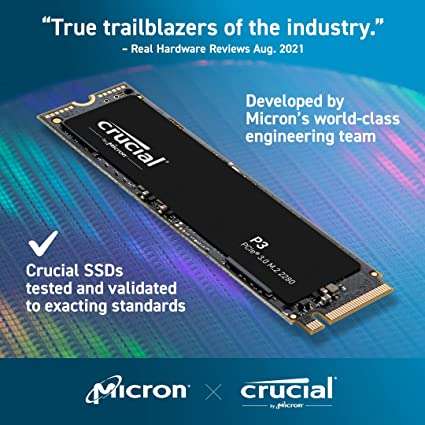 SSD interne M.2 NVMe PCIe 3.0 Crucial P3 - 1 To, 3D NAND, Jusqu’à 3500 Mo/s