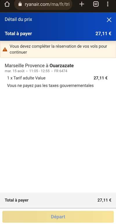 Vol A/S Marseille (MRS) > Ouarzazate (OZZ) Maroc le 15 août