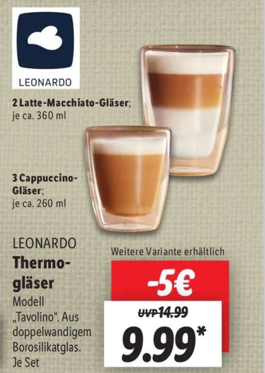 Lot de 3 Tasses à Cappuccino ou 2 Verres à Macchiato de la marque Leonardo (Frontaliers Allemagne)