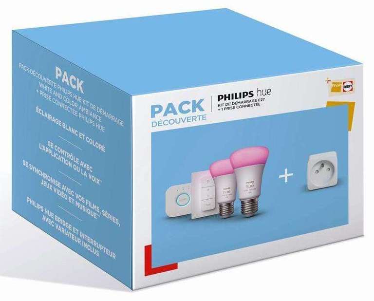 Kit de démarrage Philips Hue : 2 Ampoules E27 White & Color (1100 Lumens) + Télécommande Dimmer Switch + Pont de connexion + Prise connectée