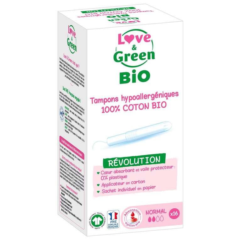 Paquet de 16 tampons hypoallergéniques bio avec Applicateur Love & Green (Via 4.19€ sur la carte fidélité)