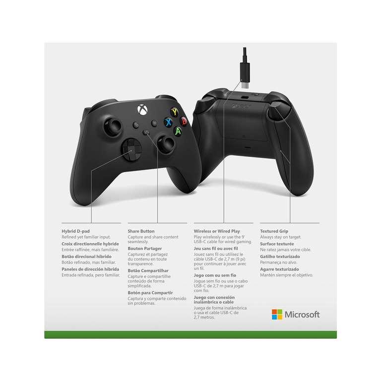 Manette sans fil Xbox Carbon Black avec Câble USB-C pour PC