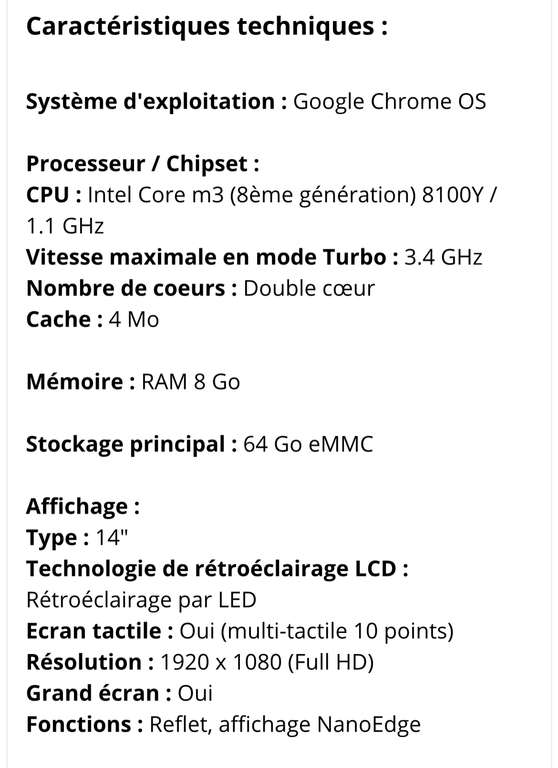 PC portable 14" Asus Chromebook C425TA-AJ0083 - FHD, Intel Core M3 8100Y, 8 Go de RAM, eMMC 64 Go