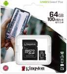 Carte Micro SDXC Kingston Canvas Select Plus (U1, V10, A1) avec Adaptateur SD - 64 Go, Jusqu'à 100 Mo/s