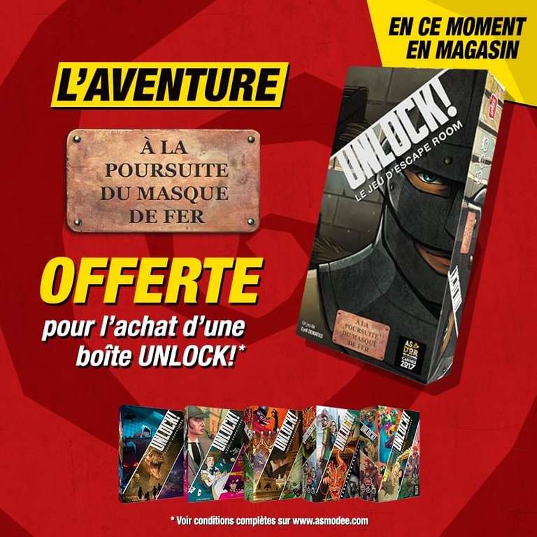 Une boîte de jeu aventure Unlock "À la poursuite du masque de fer" offerte pour l’achat d’un jeu Unlock