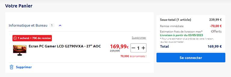 Ecran PC 27" AOC G2790VXA - Full HD, dalle VA, 144Hz, 1ms, Freesync Premium