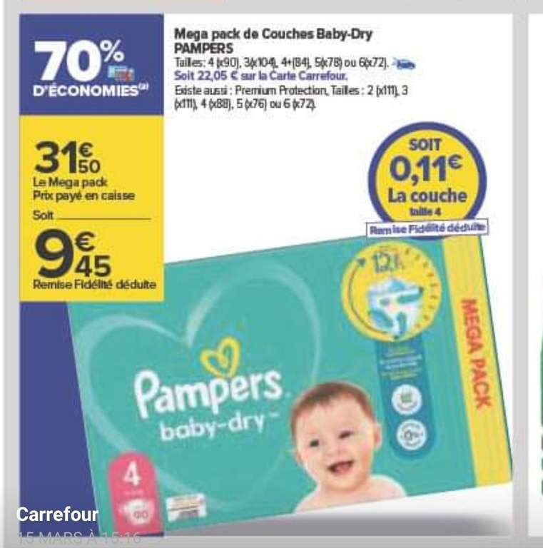 Paquet de couches Pampers Baby-Dry ou Premium Protect - différentes quantités et tailles (via 22.05€ sur la carte de fidélité)