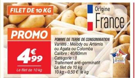 Filet de 10kg de pommes de terre de consommation - Catégorie 1, Origine France, Variété au choix