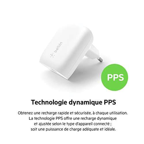 Chargeur Secteur USB-C Belkin - 30 W, PPS (Power Delivery, Certification USB-If PD 3.0, Recharge Rapide)
