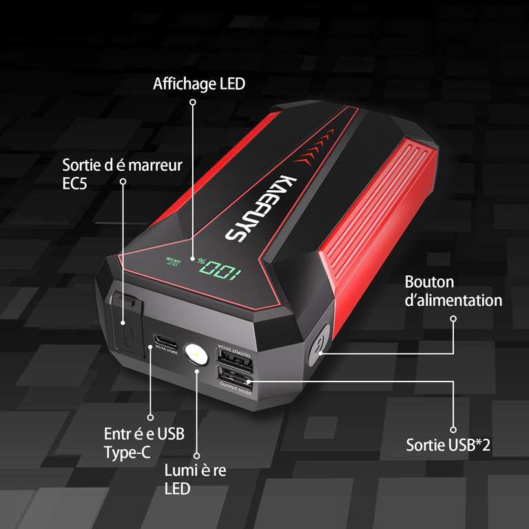 Booster Batterie 1600A 16000mAh KAEFUYS - Jusqu'à 7L essence / 6,5L Gazole, Écran LCD, Pinces de Sécurité Intelligentes, LED (vendeur tiers)