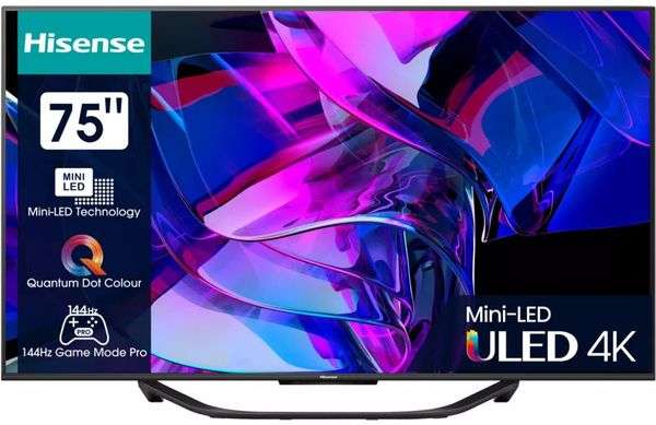 TV 75" Hisense, 75U7KQ, QLED MiniLED, 4K 144 HZ, FreeSync Premium, HDR 10+, Dolby Vision / Atmos (Via ODR 300€)