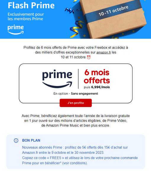 Nouveaux abonnés Prime via Free] 5€ offerts dès 15€ d'achat sur .fr  jusqu'au 30 novembre 2023 (via code) –