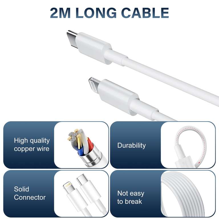 Chargeur Rapide IPhone 25W - 2 Prises USB-C PD + 2 Câbles Lightning 2m, Compatible IPhone 14/13/12/11