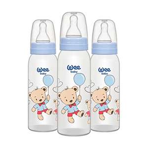 Pack de 3 Biberons Wee Baby en plastique sans BPA avec tétine arrondie imitant l’allaitement maternel, Bleu, 3 x 250ml