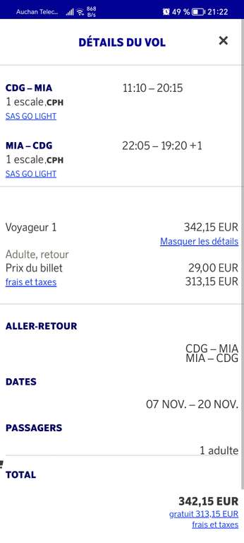 Vol aller-retour Paris (CDG) <-> Miami (MIA) du 8 au 20 novembre avec escale, bagage cabine inclus via Scandinavian Airlines