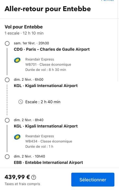 Vol Aller-retour Paris (CDG) <-> Entebbe (Ouganda) - Du 1 au 14 Février 2025 (2 bagages en soute de 23 kg)