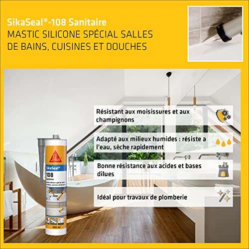 Mastic silicone SikaSeal 108 anti-moisissure et spécial salle de bain - 300 ml